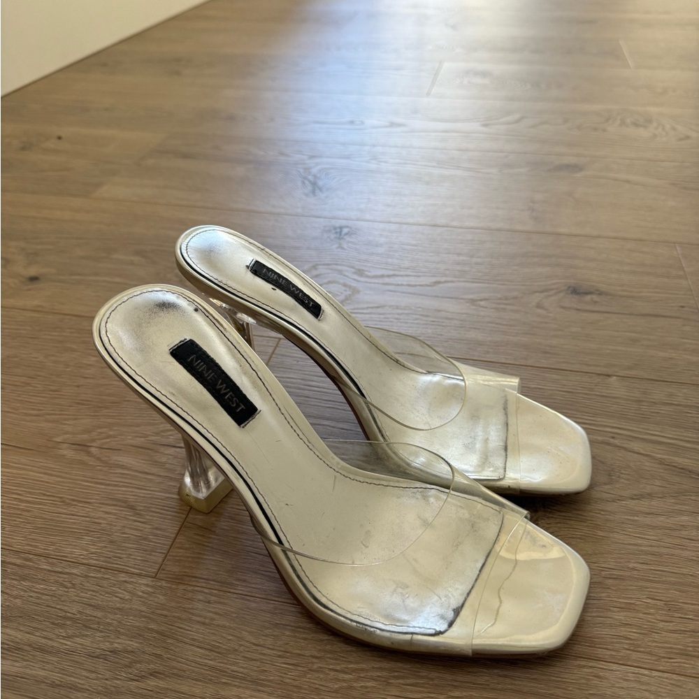 Nine West Clear Strap Cream Square-Toe Mule Heels